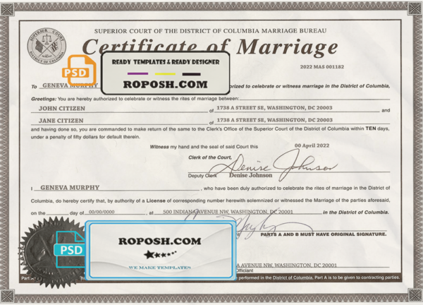 USA Washington district of Columbia marriage certificate template in PSD format scan effect