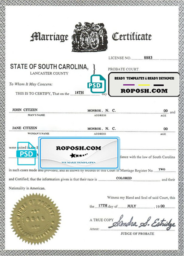 USA South Carolina marriage certificate template in PSD format