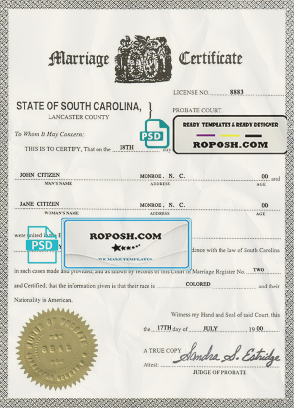 USA South Carolina marriage certificate template in PSD format scan effect