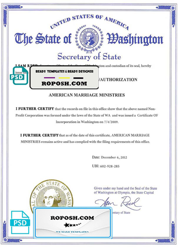 USA Washington state marriage certificate template in PSD format