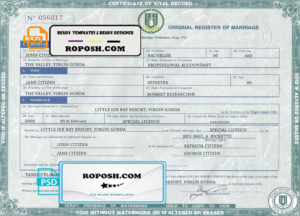 United Kingdom Virgin Islands marriage certificate template in PSD format