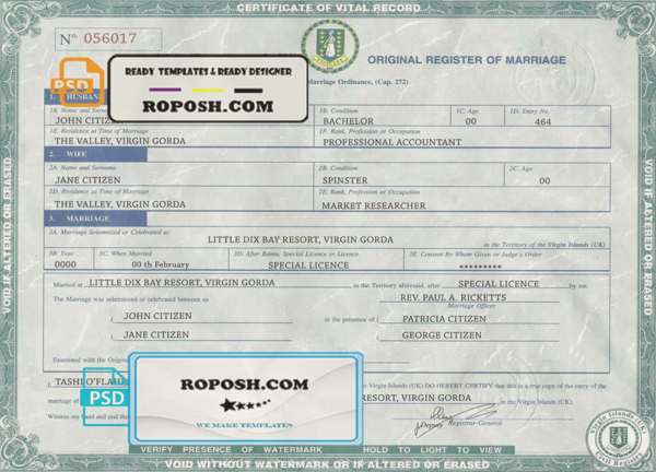 United Kingdom Virgin Islands marriage certificate template in PSD format scan effect