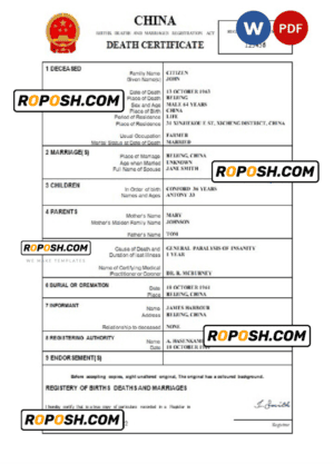 China vital record death certificate Word and PDF template