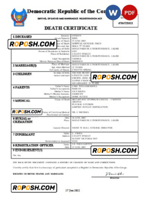Democratic Republic of the Congo vital record death certificate Word and PDF template
