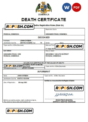 Dominica vital record death certificate Word and PDF template