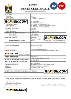 Egypt vital record death certificate Word and PDF template
