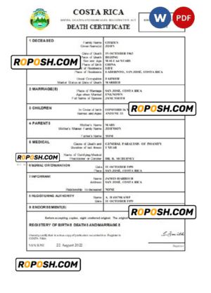 Costa Rica vital record death certificate Word and PDF template