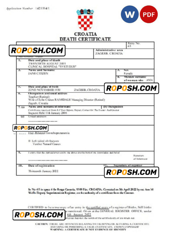 Croatia vital record death certificate Word and PDF template