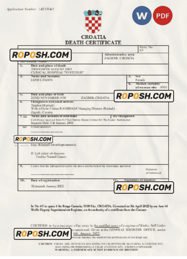 Croatia vital record death certificate Word and PDF template