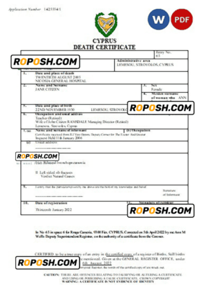 Cyprus vital record death certificate Word and PDF template