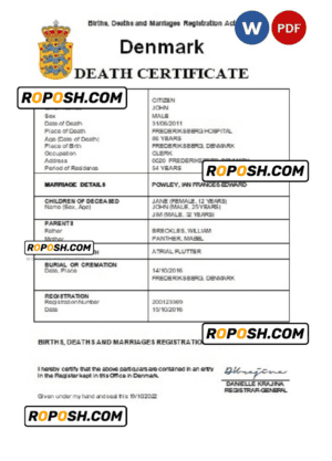 Denmark vital record death certificate Word and PDF template