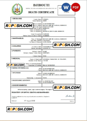Djibouti death certificate Word and PDF template, completely editable