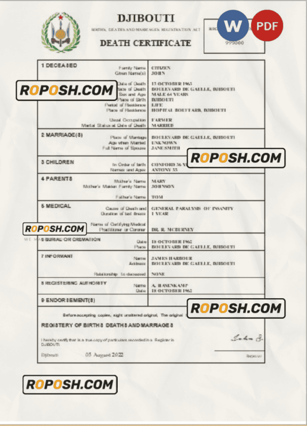Djibouti death certificate Word and PDF template, completely editable
