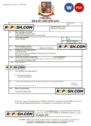 Czechia death certificate Word and PDF template, completely editable