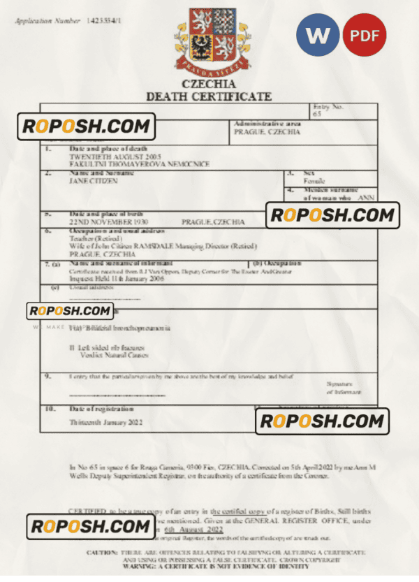 Czechia death certificate Word and PDF template, completely editable