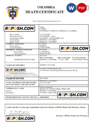 Colombia death certificate Word and PDF template, completely editable