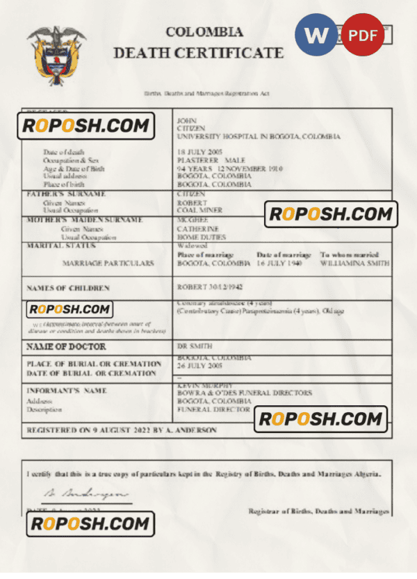 Colombia death certificate Word and PDF template, completely editable