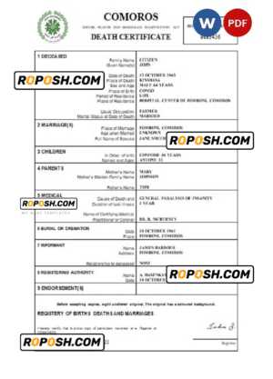 Comoros vital record death certificate Word and PDF template