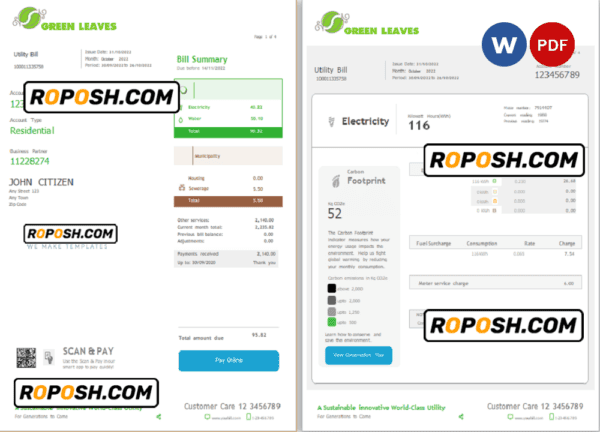 green leaves universal multipurpose utility bill, Word and PDF template, 4 pages
