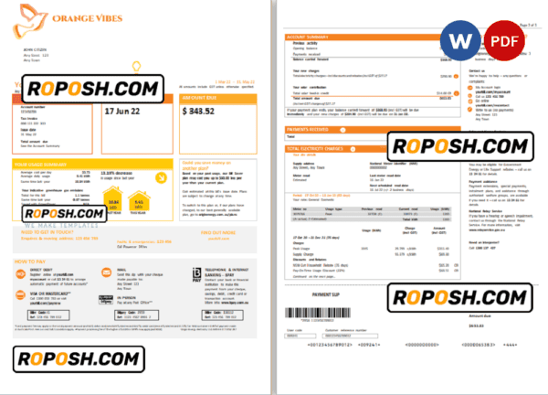 orange vibes universal multipurpose utility bill, Word and PDF template, 3 pages