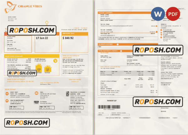 orange vibes universal multipurpose utility bill, Word and PDF template, 3 pages