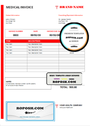 red health medical universal multipurpose invoice template in Word and PDF format, fully editable