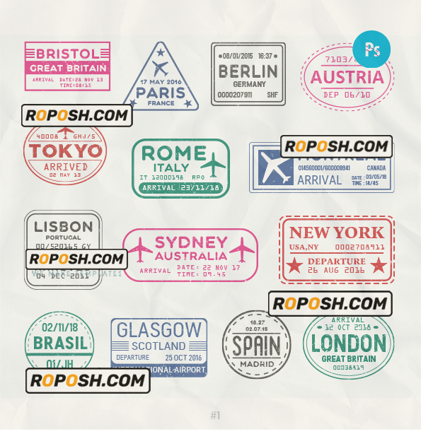 Bristol Paris Berlin travel stamp collection template of 14 PSD designs, with fonts scan effect