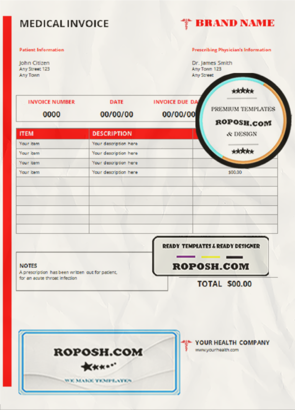 red health medical universal multipurpose invoice template in Word and PDF format, fully editable scan effect