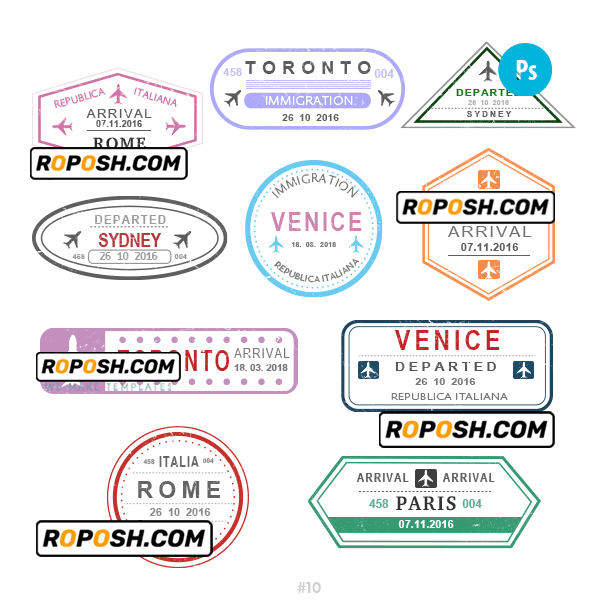 Rome Venice Paris travel stamp collection template of 10 PSD designs, with fonts
