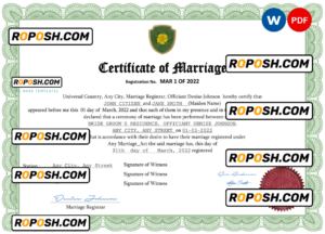 fancy universal marriage certificate Word and PDF template, completely editable