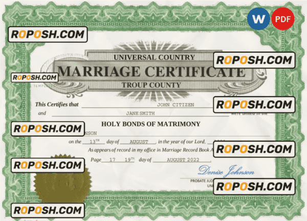 lush design universal marriage certificate Word and PDF template, fully editable