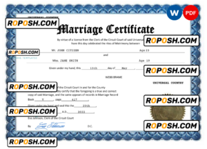 happy universal marriage certificate Word and PDF template, completely editable