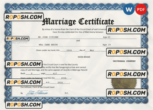 happy universal marriage certificate Word and PDF template, completely editable