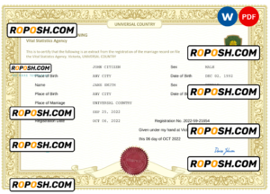 acute project universal marriage certificate Word and PDF template, completely editable