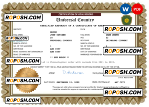 smart universal marriage certificate Word and PDF template, completely editable