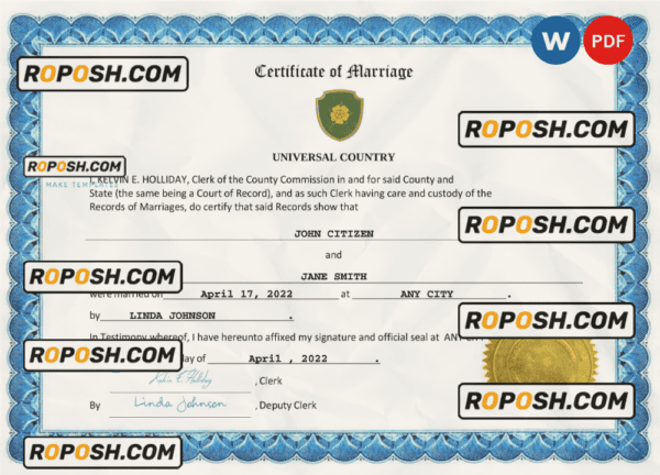 hypnotic universal marriage certificate Word and PDF template, fully editable