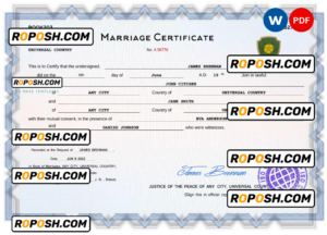 full-frontal universal marriage certificate Word and PDF template, fully editable