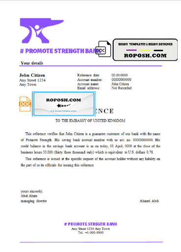 promote strength bank universal multipurpose bank account reference template in Word and PDF format