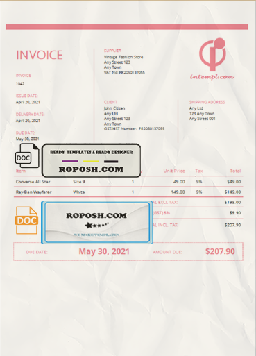 pink delicious universal multipurpose tax invoice template in Word and PDF format, fully editable scan effect