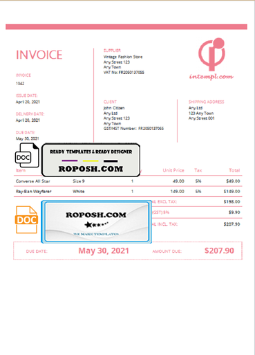 pink delicious universal multipurpose tax invoice template in Word and PDF format, fully editable