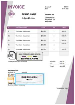 dream authority universal multipurpose tax invoice template in Word and PDF format, fully editable