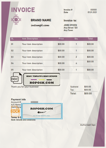 dream authority universal multipurpose tax invoice template in Word and PDF format, fully editable scan effect