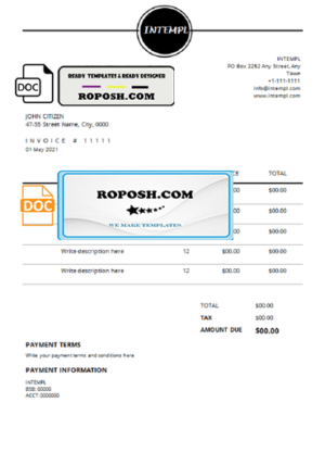 rare branding universal multipurpose professional invoice template in Word and PDF format, fully editable