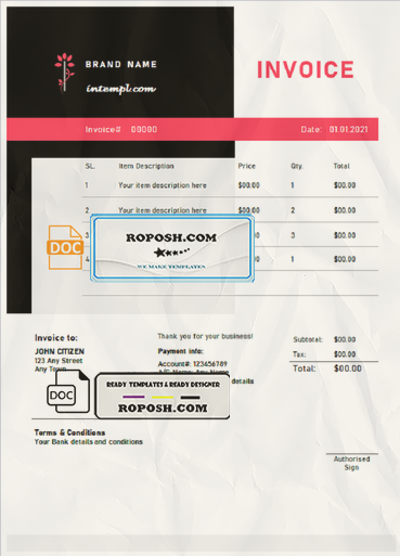 create layer universal multipurpose good-looking invoice template in Word and PDF format, fully editable scan effect