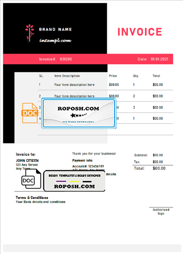 create layer universal multipurpose good-looking invoice template in Word and PDF format, fully editable