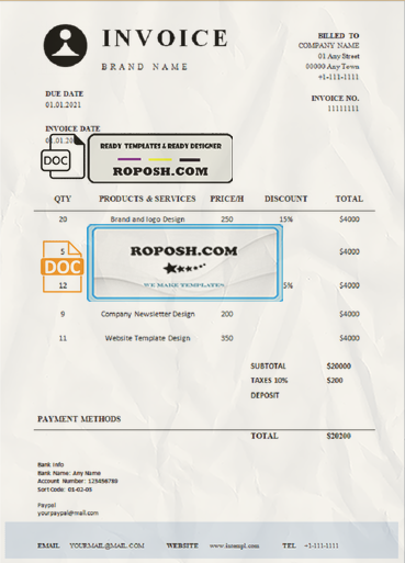strong charm universal multipurpose professional invoice template in Word and PDF format, fully editable scan effect