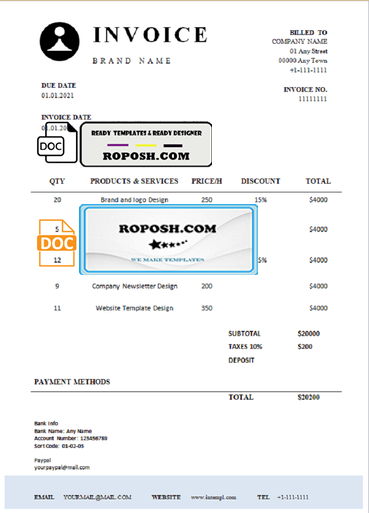 strong charm universal multipurpose professional invoice template in Word and PDF format, fully editable