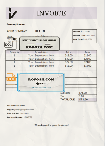 great setting universal multipurpose professional invoice template in Word and PDF format, fully editable scan effect