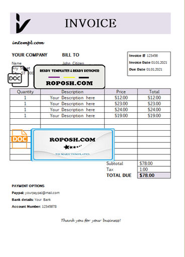 great setting universal multipurpose professional invoice template in Word and PDF format, fully editable