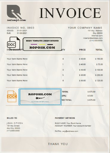 concept smart universal multipurpose professional invoice template in Word and PDF format, fully editable scan effect